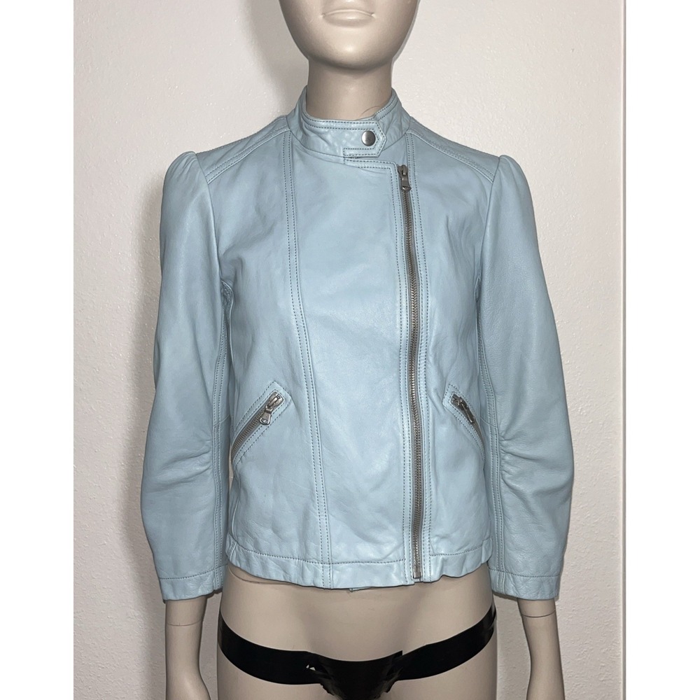 Rebecca Taylor Ocean Dusk Sky Blue Washed Leather Cropped Moto Jacket Sz 0